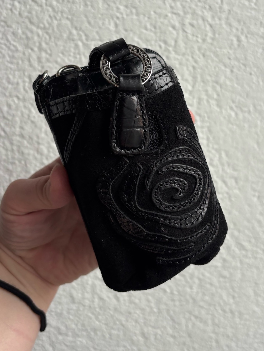 Brighton Black Suede Phone Pouch Card Holder Wallet Embossed Detail Y2K